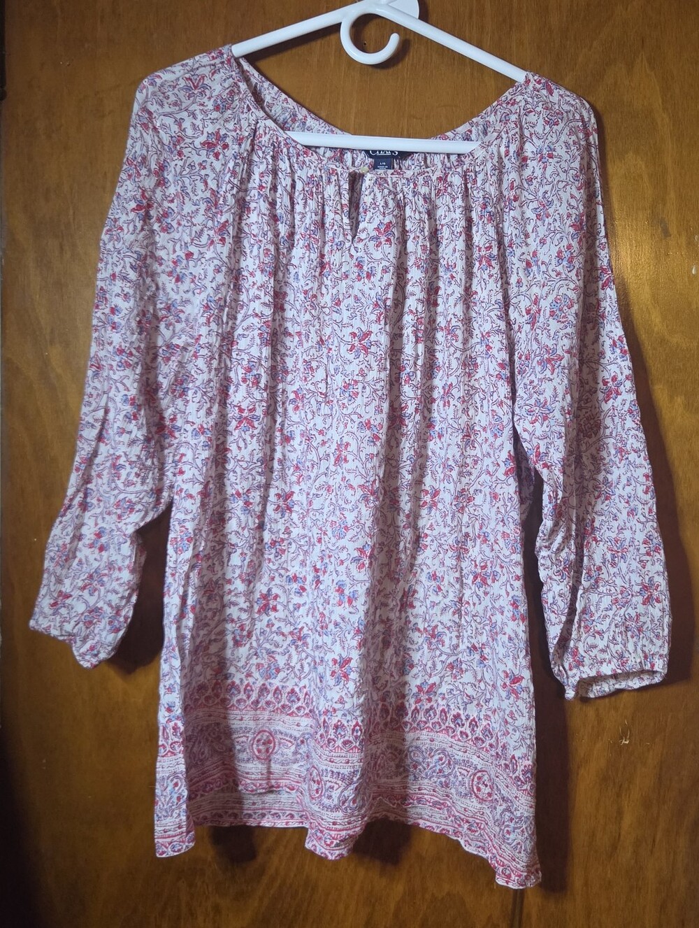 Chaps Paisley & Floral Border Print 3/4 Sleeve Peasant Blouse Size L